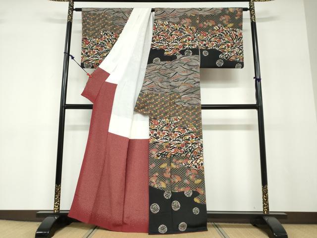 平和屋着物●江戸紅型 五味桂子 訪問着 型染め 道長扇面草花文 正絹 逸品 DABF1252ud