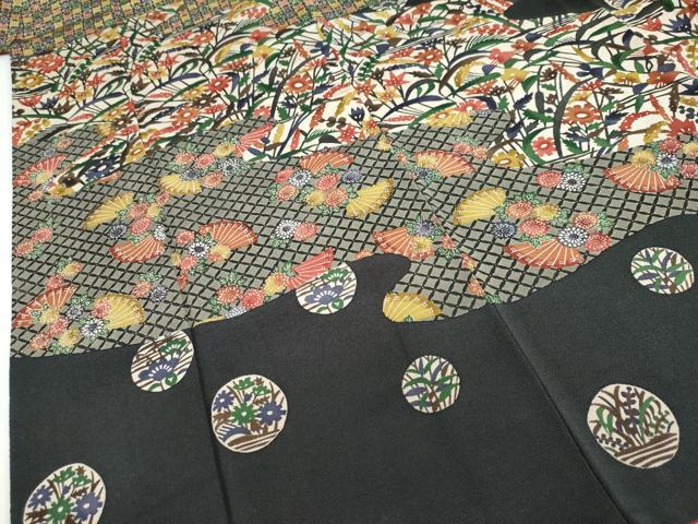 平和屋着物●江戸紅型 五味桂子 訪問着 型染め 道長扇面草花文 正絹 逸品 DABF1252ud