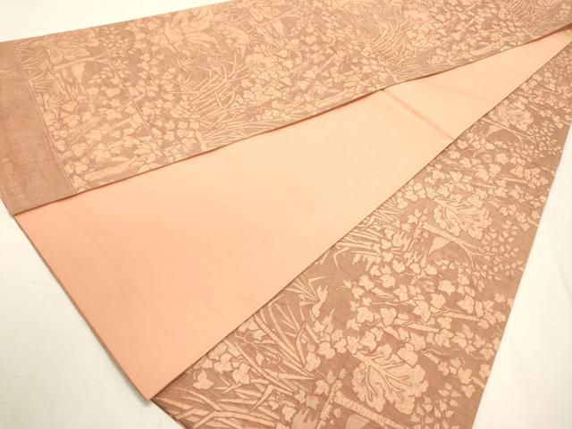 平和屋着物◎西陣 老舗 渡文謹製 手織 全通柄袋帯 纐纈 ふくれ織 風景花鳥文 赭色 正絹 逸品 DABF8045we