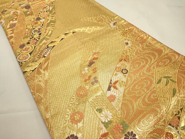 平和屋着物◎全通柄袋帯 唐織 かつら全通錦 熨斗吉祥花鳥文 金糸 鈴乃屋扱い 正絹 逸品 DABF8044we