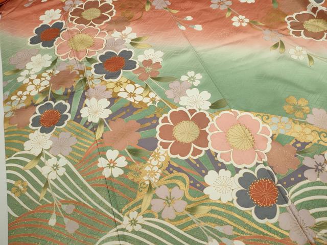 平和屋着物●豪華振袖 流水片輪車草花文 暈し染め 金彩 正絹 逸品 CABG2153ze