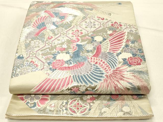 平和屋着物◎六通柄袋帯 唐織 孔雀花文 九百錦プラチナ箔 正絹 逸品 DABF6693qp