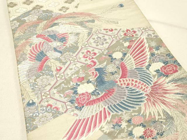 平和屋着物◎六通柄袋帯 唐織 孔雀花文 九百錦プラチナ箔 正絹 逸品 DABF6693qp