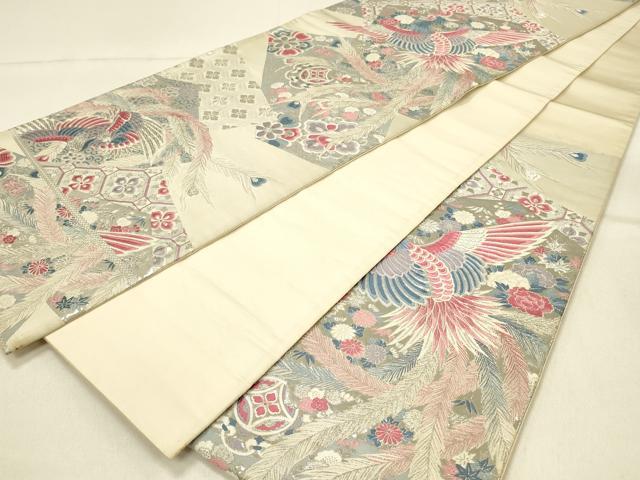 平和屋着物◎六通柄袋帯 唐織 孔雀花文 九百錦プラチナ箔 正絹 逸品 DABF6693qp