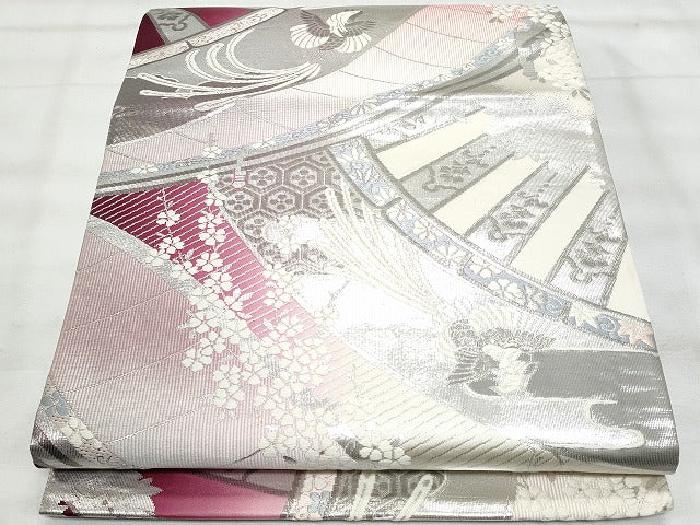 平和屋着物◎六通柄袋帯 唐織 片輪車鳳凰花文 銀糸 正絹 逸品 CABG5161fb