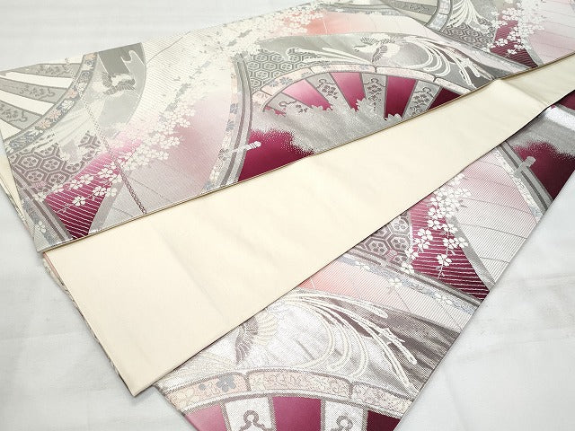 平和屋着物◎六通柄袋帯 唐織 片輪車鳳凰花文 銀糸 正絹 逸品 CABG5161fb