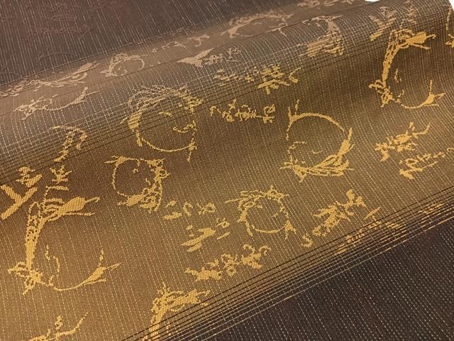 平和屋着物●日本画家 水嶋征夫 両面 太鼓柄袋帯 手描き ぜんまい紬 すずめ 正絹 逸品 CABG7835vp