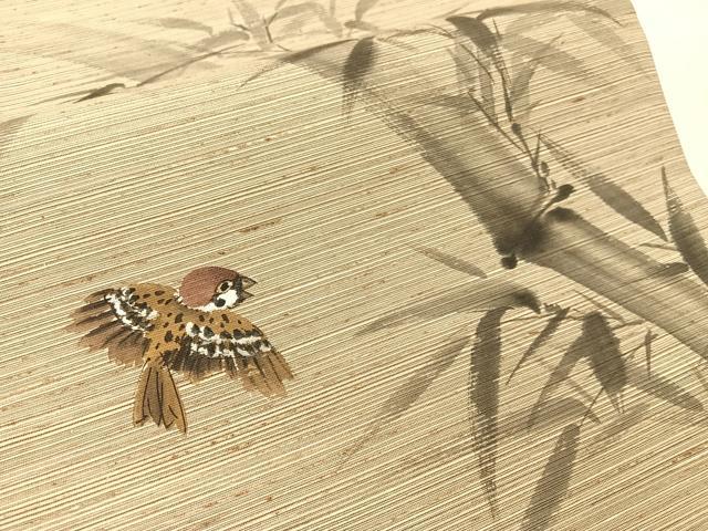 平和屋着物●日本画家 水嶋征夫 両面 太鼓柄袋帯 手描き ぜんまい紬 すずめ 正絹 逸品 CABG7835vp