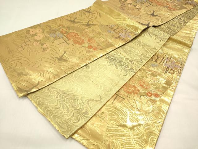 平和屋着物◎佐賀錦 両面 六通柄袋帯 扇面飛鶴花文 金糸 正絹 逸品 未使用 DABF0152ea
