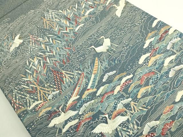 平和屋本店●極上 太鼓柄袋帯 作家物 刺繍 群鶴風景文 金通し地 逸品 DZAB7139kh6