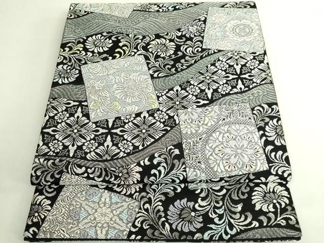 平和屋着物●極上 六通柄袋帯 唐織 色紙花文 黒地 銀糸 逸品 DZAB7141kh6