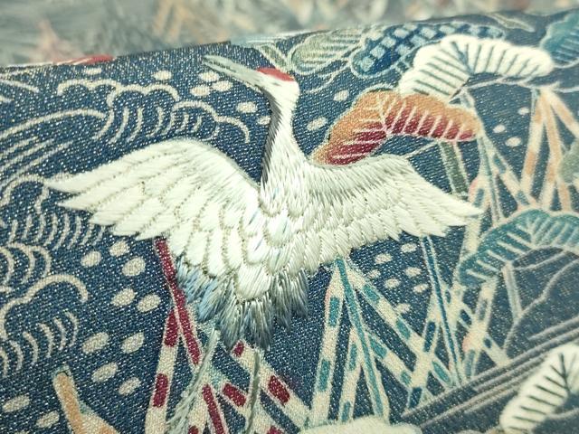 平和屋本店●極上 太鼓柄袋帯 作家物 刺繍 群鶴風景文 金通し地 逸品 DZAB7139kh6