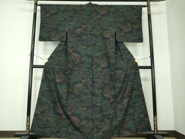 平和屋着物●結城紬 100亀甲 風景文 正絹 逸品 DABF7196ps