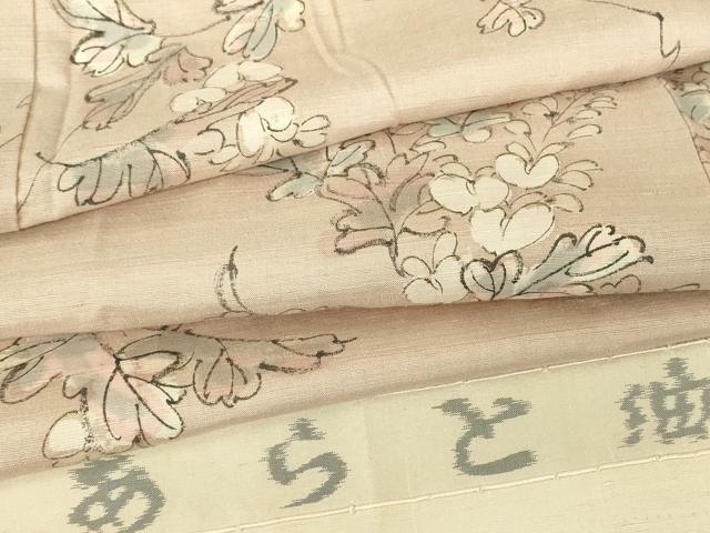 平和屋着物▽あらと紬 単衣 草花文 手描き 正絹 逸品 DABG0043az