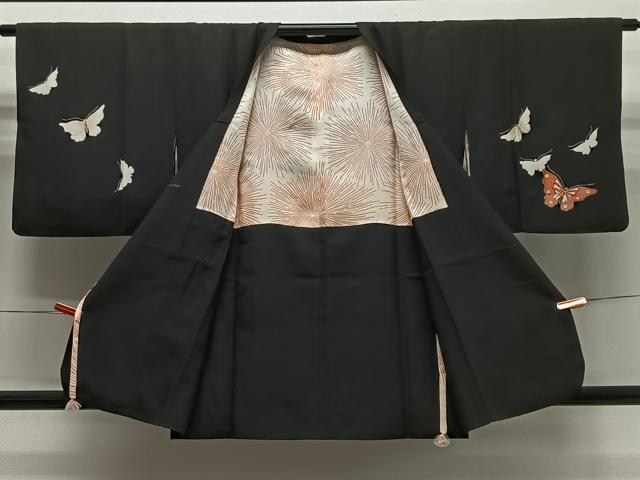平和屋着物∞道行コート 舞蝶文 黒地 金彩 正絹 逸品 CABG3957ua