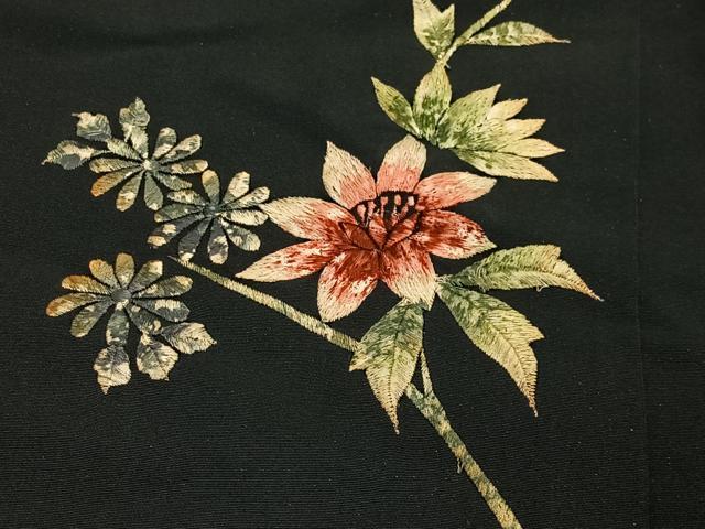 平和屋着物∞羽織 総刺繍 枝花文 黒地 正絹 逸品 CABG3935ua