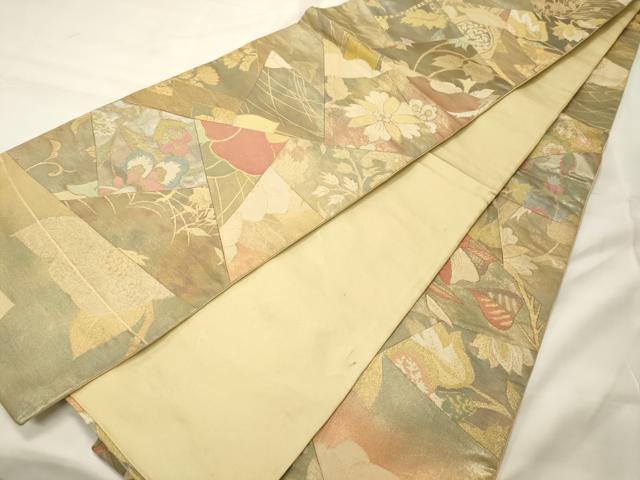 平和屋着物◎全通柄袋帯 切り嵌め 草花文 金糸 正絹 逸品 CABG5992oy