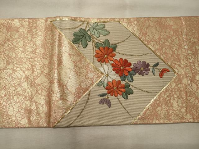 平和屋着物◎九寸名古屋帯 駒刺繍 花唐草文 金糸 正絹 逸品 CABH2840oy