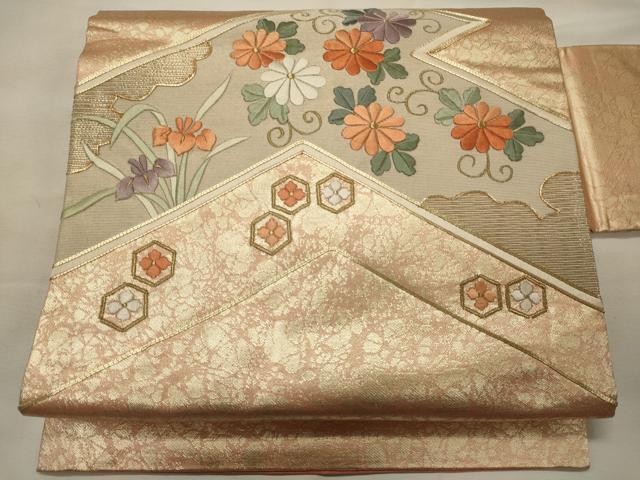 平和屋着物◎九寸名古屋帯 駒刺繍 花唐草文 金糸 正絹 逸品 CABH2840oy