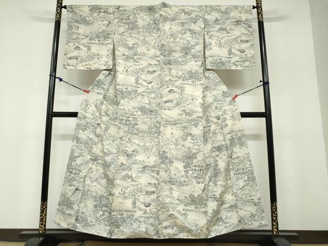 平和屋着物●上質な小紋 紬地 風景草花文 正絹 逸品 未使用 DABF1477ud