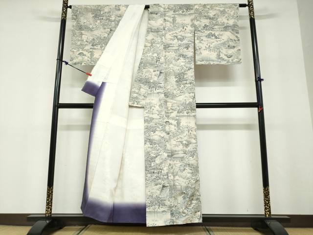 平和屋着物●上質な小紋 紬地 風景草花文 正絹 逸品 未使用 DABF1477ud
