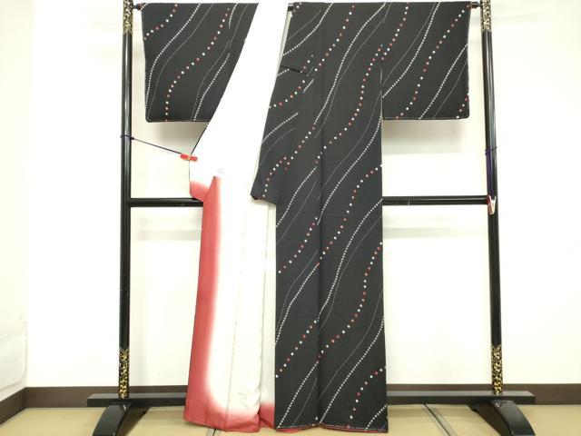 平和屋着物■上質な小紋 絞り よろけ縞 黒地 健勝苑扱い 正絹 逸品 未使用 DABF9698cd