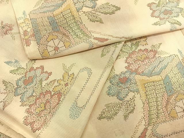 平和屋着物▽上質な紬 単衣 御所車花文 正絹 逸品 BAAX2622hv