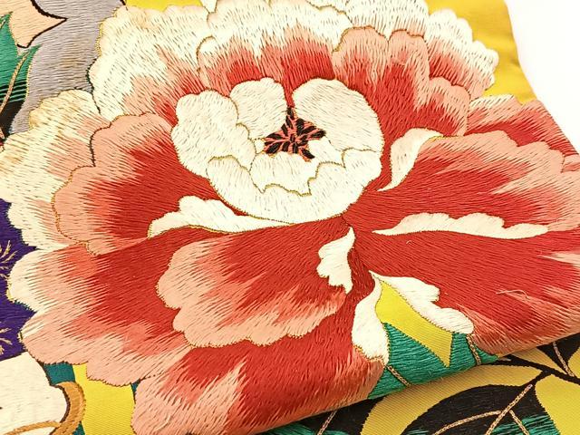 平和屋着物●アンティーク 大正ロマン 九寸名古屋帯 総刺繍 牡丹人物文 金糸 正絹 逸品 BAAX3381yc