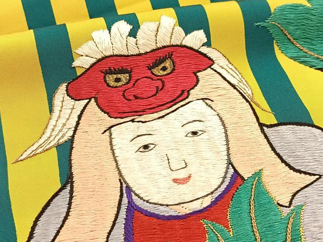 平和屋着物●アンティーク 大正ロマン 九寸名古屋帯 総刺繍 牡丹人物文 金糸 正絹 逸品 BAAX3381yc