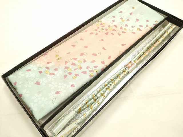 平和屋着物●和装小物 帯締め・帯揚げセット 丸組 舞花文 桜 金糸 金彩 暈し染め 逸品 未使用 AABI8742ay