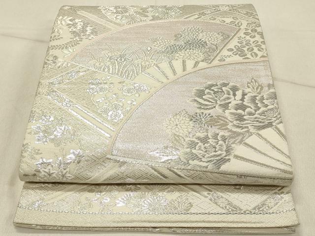 平和屋着物◎六通柄袋帯 扇面花文 銀糸 正絹 逸品 DABF6841qp