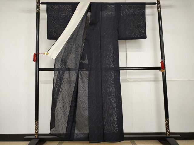 平和屋着物*夏物 色無地 紗 よろけ縞 濃藍色 銀通し地 正絹 逸品 AABJ0805cs