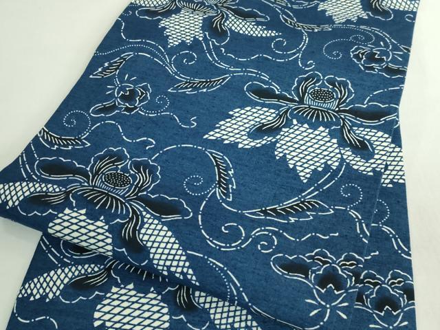 平和屋本店●極上 本場琉球紅型 平野晋二郎 九寸名古屋帯 紬地 花唐草 藍 逸品 DZAB7301kh6