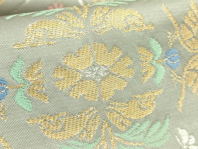 平和屋着物●極上 龍村晋謹製 全通柄袋帯 天平走羊花卉文錦 灰色地 金銀糸 逸品 DZAB7314kh6