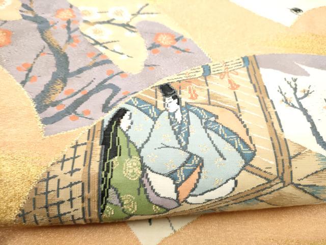 平和屋着物●爪掻き本綴れ 太鼓柄袋帯 人物地紙枝花文 金銀糸 正絹 逸品 CABH4997hy