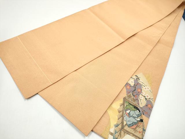 平和屋着物●爪掻き本綴れ 太鼓柄袋帯 人物地紙枝花文 金銀糸 正絹 逸品 CABH4997hy