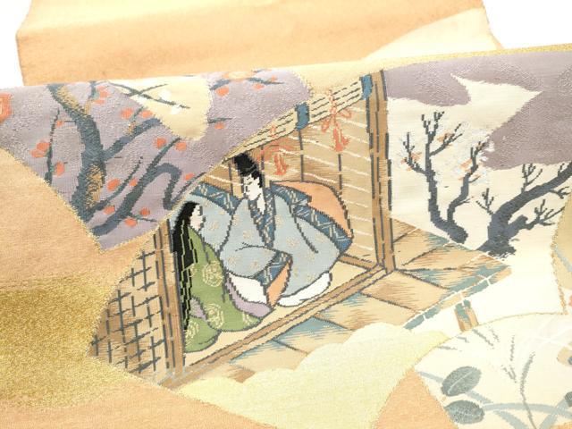 平和屋着物●爪掻き本綴れ 太鼓柄袋帯 人物地紙枝花文 金銀糸 正絹 逸品 CABH4997hy