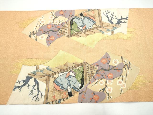 平和屋着物●爪掻き本綴れ 太鼓柄袋帯 人物地紙枝花文 金銀糸 正絹 逸品 CABH4997hy