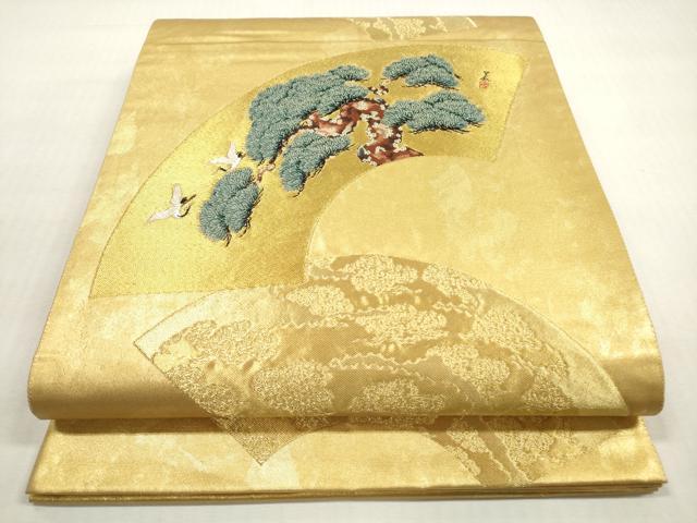 平和屋着物◎六通柄袋帯 唐織 地紙重ね 飛鶴枝松文 金糸 引箔 正絹 逸品 DABG1504xg