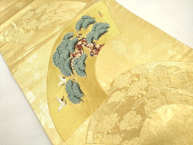 平和屋着物◎六通柄袋帯 唐織 地紙重ね 飛鶴枝松文 金糸 引箔 正絹 逸品 DABG1504xg