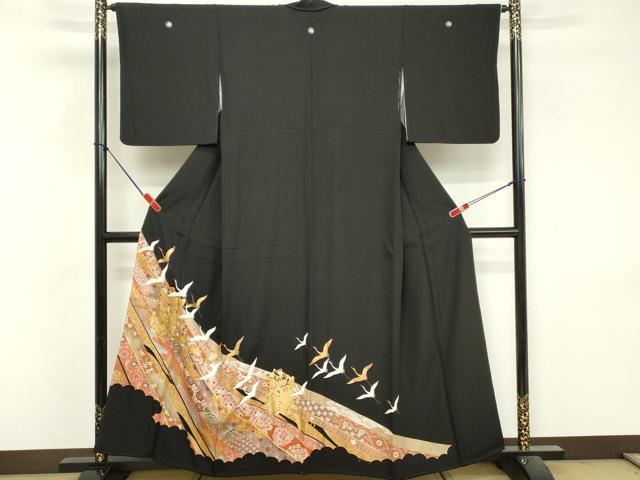 平和屋着物■豪華黒留袖 駒刺繍 御所車吉祥文 鶴 金彩 正絹 逸品 DABF9997cd