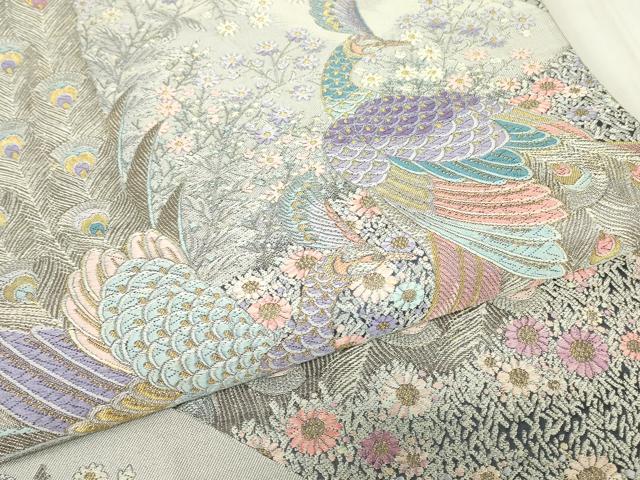 平和屋着物▼西陣 長嶋成織物 ながしま帯 六通柄袋帯 孔雀の花園 金糸 証紙付き 正絹 逸品 未使用 DABG0173az