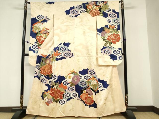 平和屋着物■豪華振袖 駒刺繍 亀甲牡丹花文 金彩 正絹 逸品 DABF0259ea