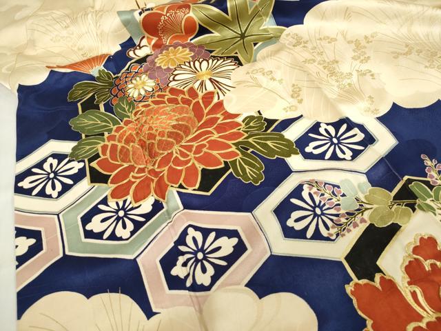 平和屋着物■豪華振袖 駒刺繍 亀甲牡丹花文 金彩 正絹 逸品 DABF0259ea
