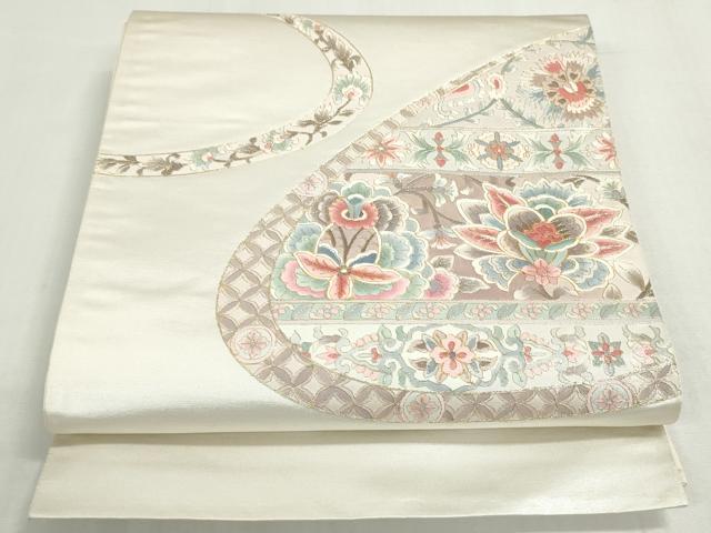 平和屋着物◎太鼓柄袋帯 駒刺繍 総刺繍 更紗花文 金糸 正絹 逸品 DABF8338we