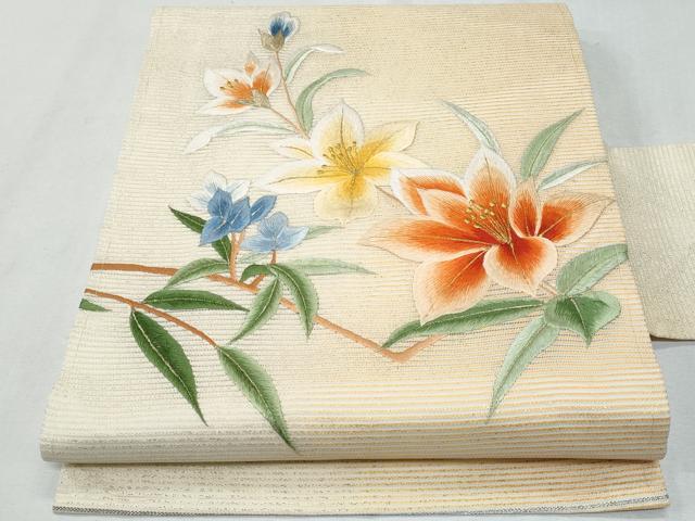 平和屋着物*夏物 九寸名古屋帯 総手刺繍 枝花文 金糸 正絹 逸品 CABG9896fb