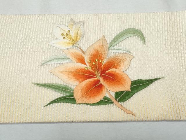 平和屋着物*夏物 九寸名古屋帯 総手刺繍 枝花文 金糸 正絹 逸品 CABG9896fb