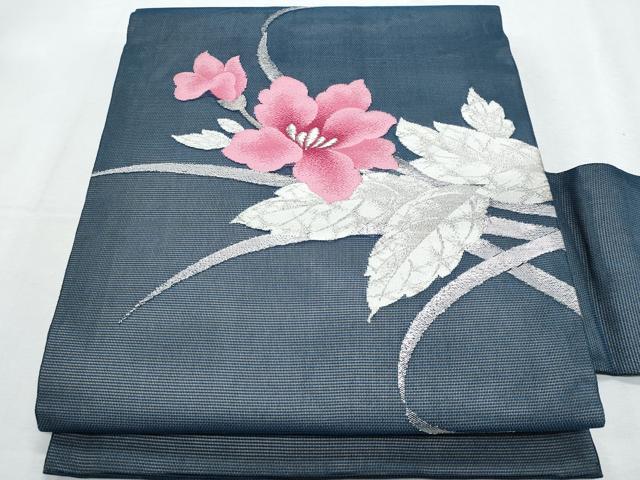 平和屋着物*夏物 九寸名古屋帯 草花文 銀糸 正絹 逸品 CABG9917fb