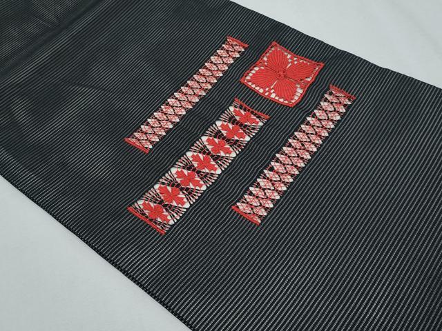 平和屋着物*夏物 九寸開き名古屋帯 ドロンワーク 幾何学文様 黒地 正絹 逸品 CABG9948fb
