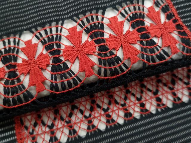 平和屋着物*夏物 九寸開き名古屋帯 ドロンワーク 幾何学文様 黒地 正絹 逸品 CABG9948fb